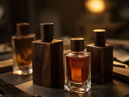 Edle Oud-Flakons mit dunklem Holz und warmem Licht in einem Atelier